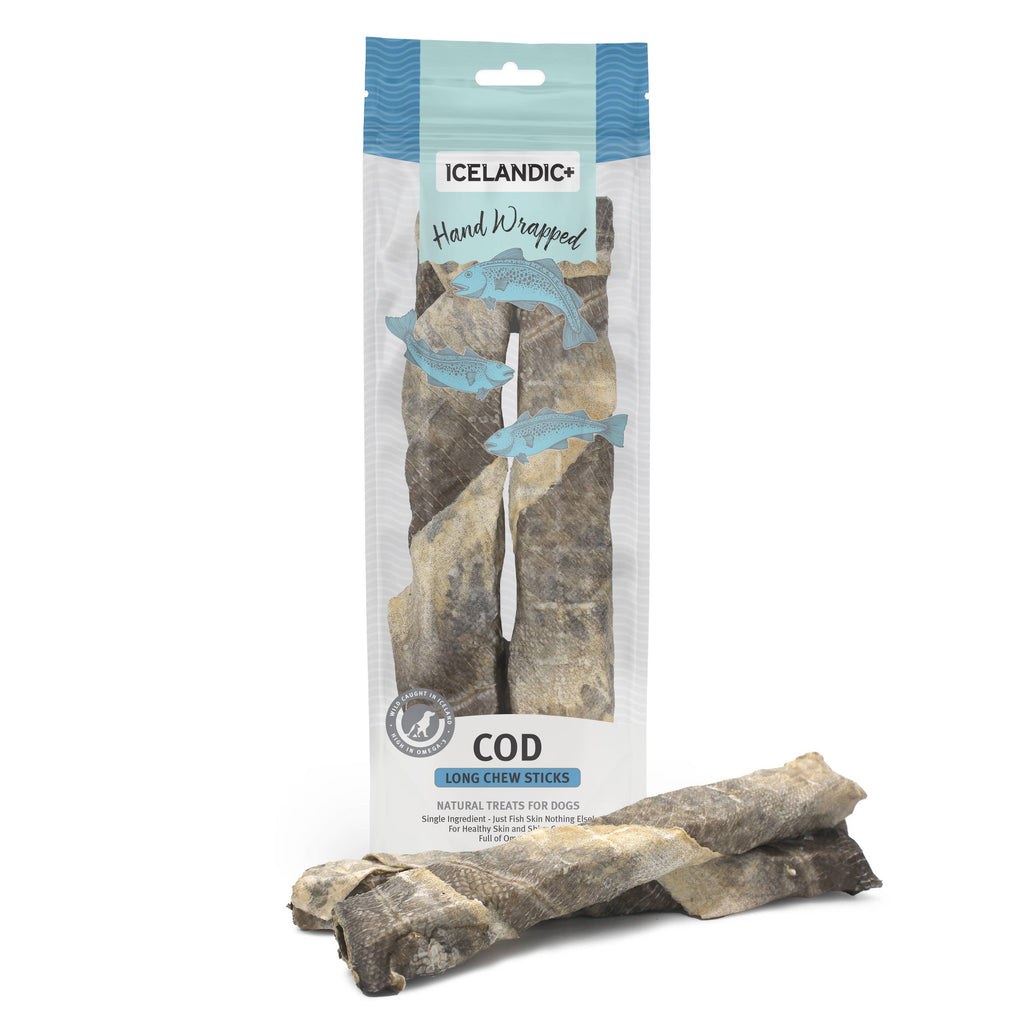 Icelandic+ Hand Wrapped Cod Skin Chew Sticks - 10" Long & 5" Short Assorted Packs - Dog.Dog.Cat.
