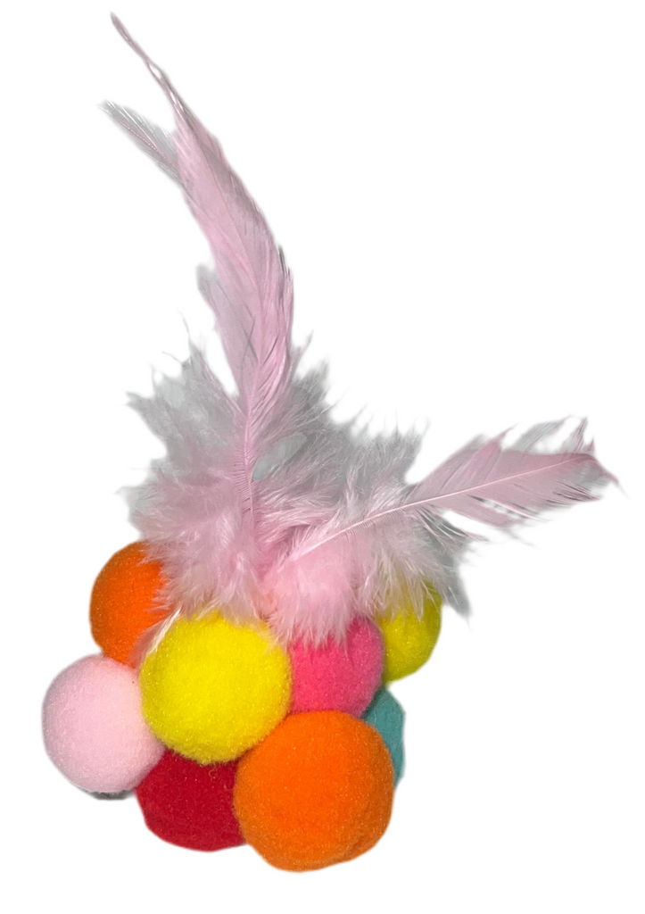 Ball of Fluffy Balls with Feather and ball attached - 2.75" Ball and extension of feathers - Dog.Dog.Cat.