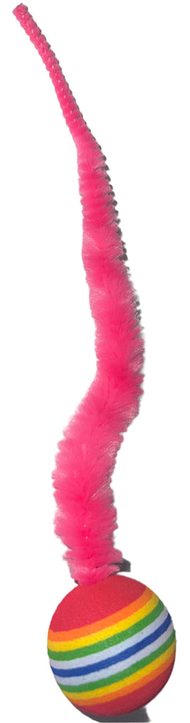 Striped Two Tone Rubber Ball with Caterpillar Style Tail attached Multi colored Striped Ball - Yellow, Pink, Orange, Green - Dog.Dog.Cat.