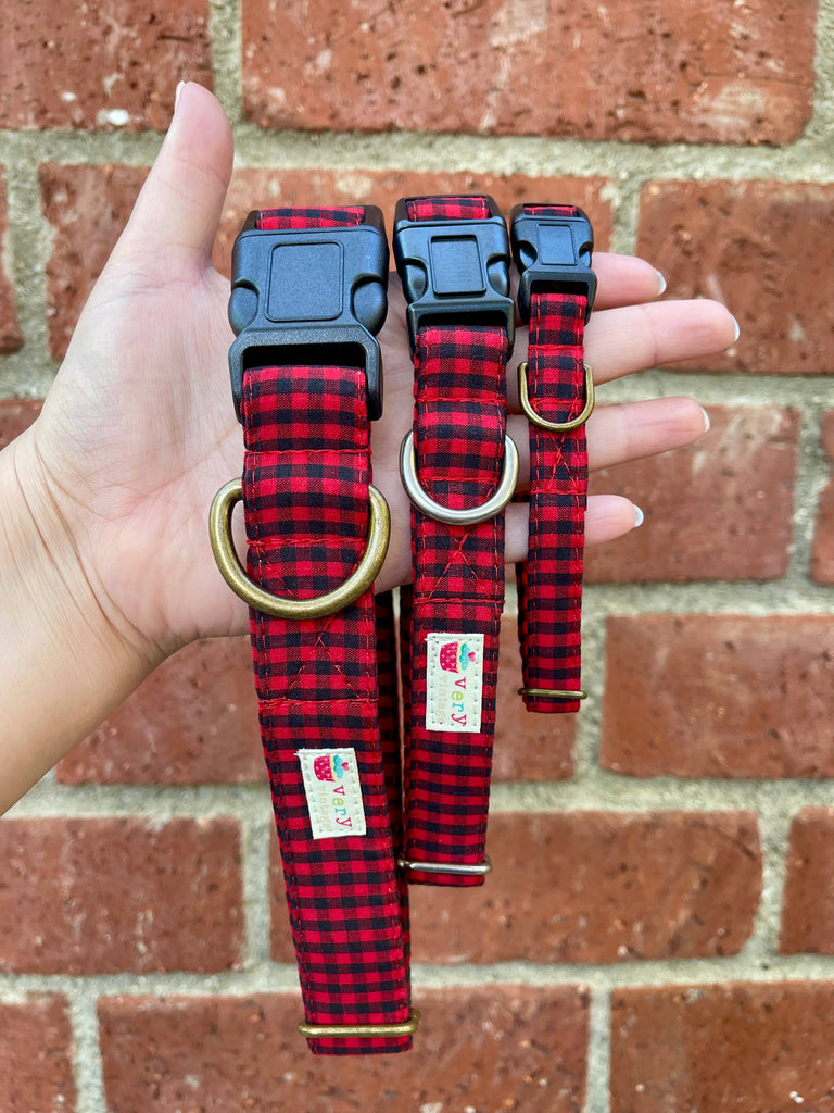 Plaid Dog Collar Red Buffalo Check Winter Style Handmade USA - Dog.Dog.Cat.