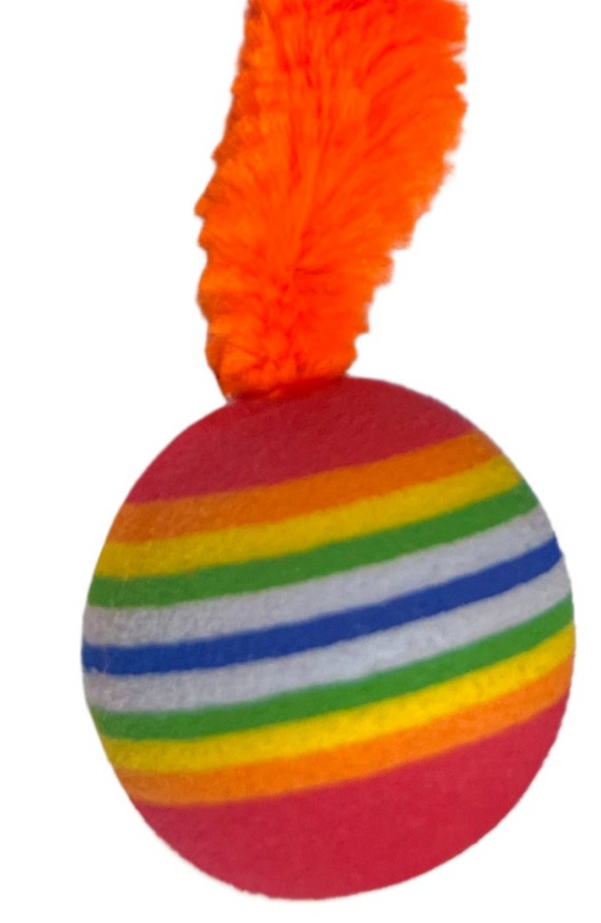 Striped Two Tone Rubber Ball with Caterpillar Style Tail attached Multi colored Striped Ball - Yellow, Pink, Orange, Green - Dog.Dog.Cat.