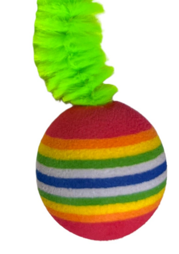 Striped Two Tone Rubber Ball with Caterpillar Style Tail attached Multi colored Striped Ball - Yellow, Pink, Orange, Green - Dog.Dog.Cat.