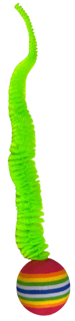 Striped Two Tone Rubber Ball with Caterpillar Style Tail attached Multi colored Striped Ball - Yellow, Pink, Orange, Green - Dog.Dog.Cat.