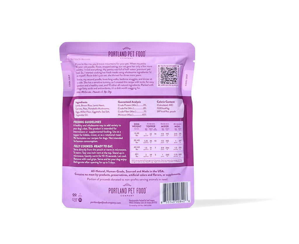 Portland Pet Food Company - Winnie's Lamb N' Rice Human Grade Fresh Wet Food Dog Pouches - Dog.Dog.Cat.