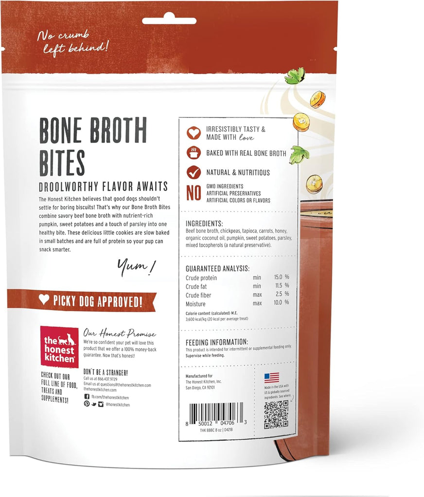 The Honest Kitchen Bone Broth Bites Dog Treats: Roasted with Beef Bone Broth & Sweet Potatoes, 8 oz Bag - Dog.Dog.Cat.