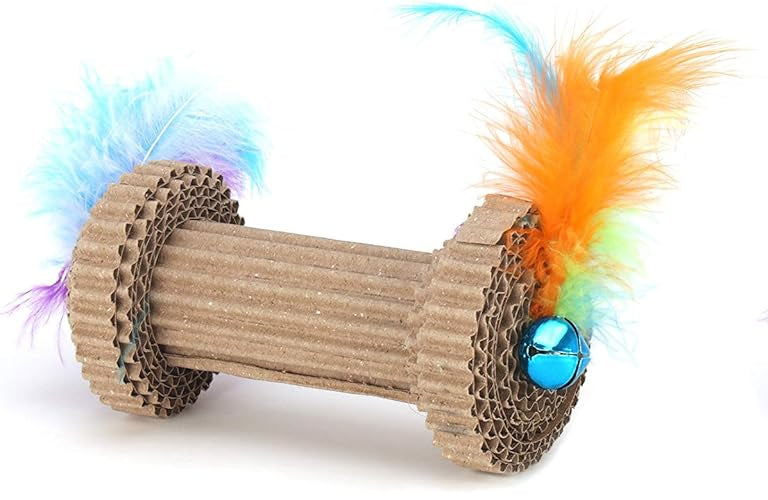 Two cardboard cat toys with feathers and beads on a white background
