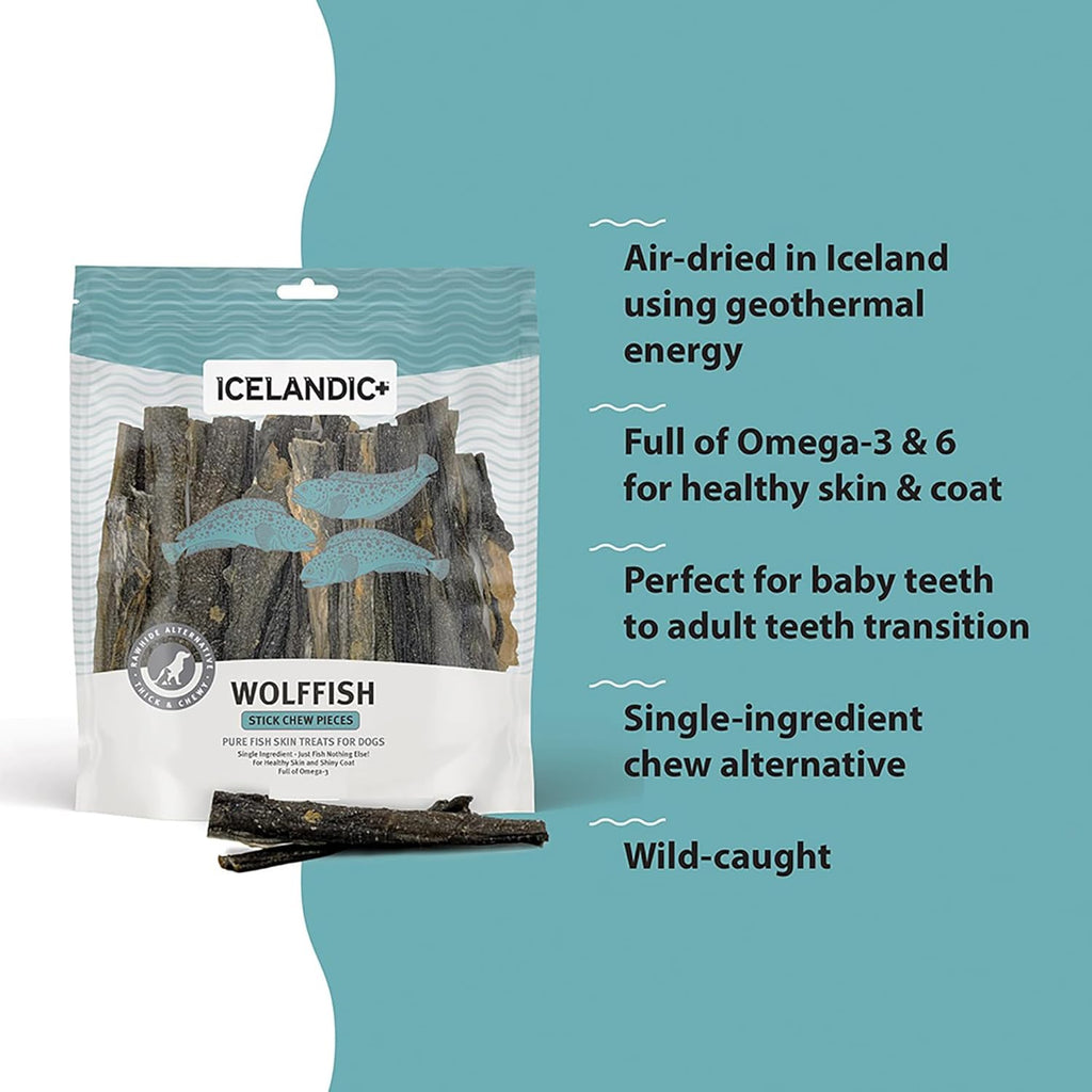 Icelandic+ Sticks & Pieces: Wolffish 9oz - Pure Fish Skin Dog Treats, Air-Dried Single Ingredient Long Lasting Chews - Dog.Dog.Cat.