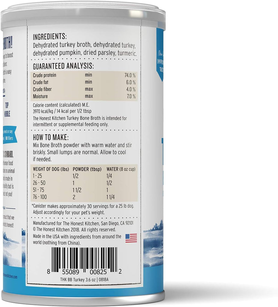 The Honest Kitchen Daily Boosters: Instant Turkey Bone Broth With Turmeric, 3.6 oz - Dog.Dog.Cat.