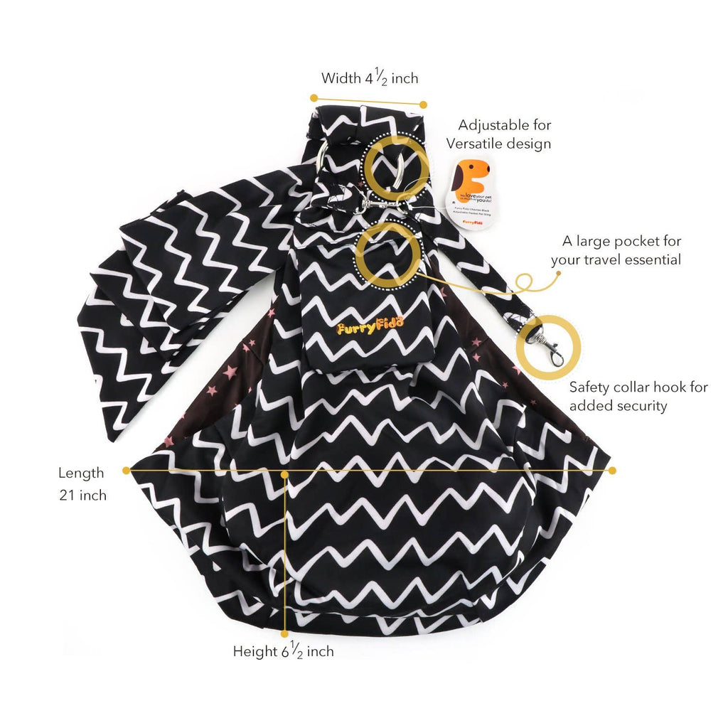 Furry Fido Pet Supplies - Furry Fido Chevron Black Adjustable Pocket Pet Sling - Dog.Dog.Cat.