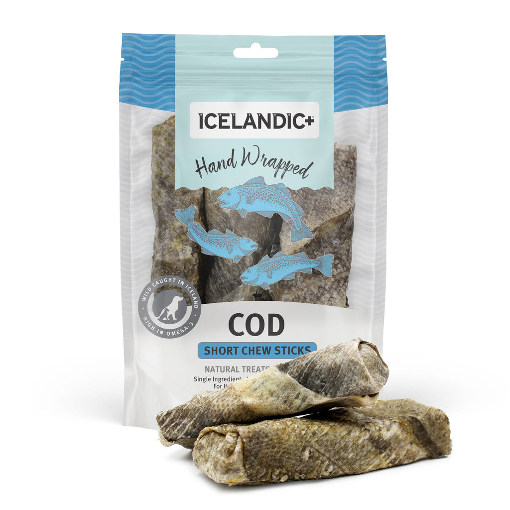 Icelandic+ Hand Wrapped Cod Skin Chew Sticks - 10" Long & 5" Short Assorted Packs - Dog.Dog.Cat.