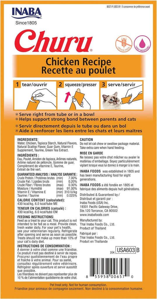 Churu Cat Treat Tube -Chicken : 0.5oz 4 pack - Dog.Dog.Cat.