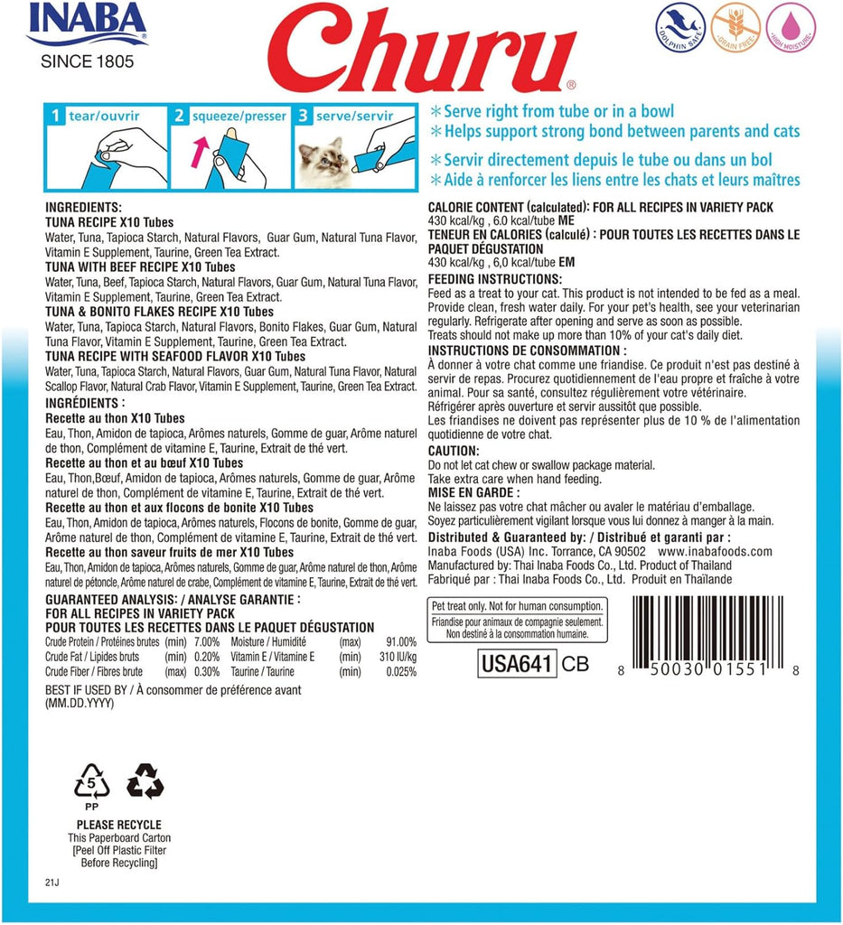 INABA Churu Cat Treats, Grain-Free, Lickable, Squeezable Creamy Purée Cat Treat/Topper with Vitamin E & Taurine, 0.5 Ounces Each Tube, 40 Tubes, Tuna Variety Box - Dog.Dog.Cat.