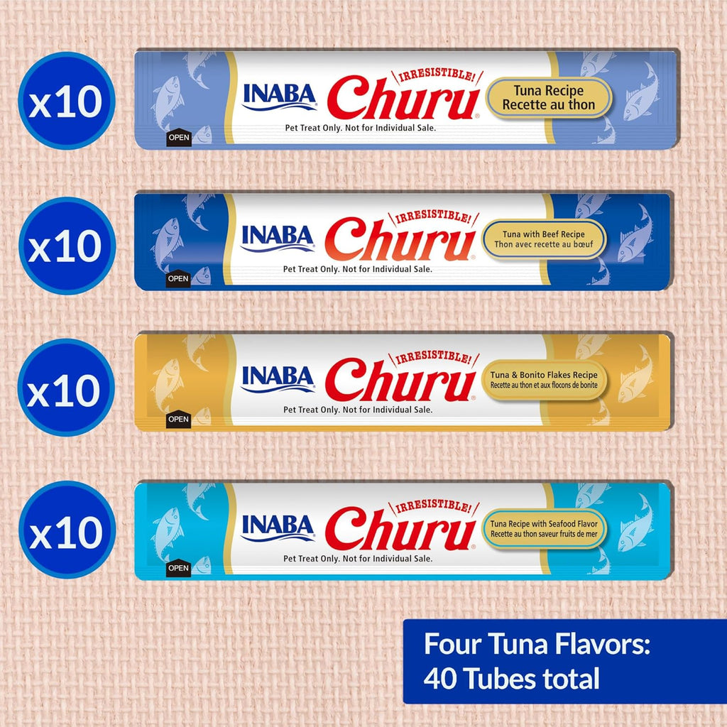 INABA Churu Cat Treats, Grain-Free, Lickable, Squeezable Creamy Purée Cat Treat/Topper with Vitamin E & Taurine, 0.5 Ounces Each Tube, 40 Tubes, Tuna Variety Box - Dog.Dog.Cat.