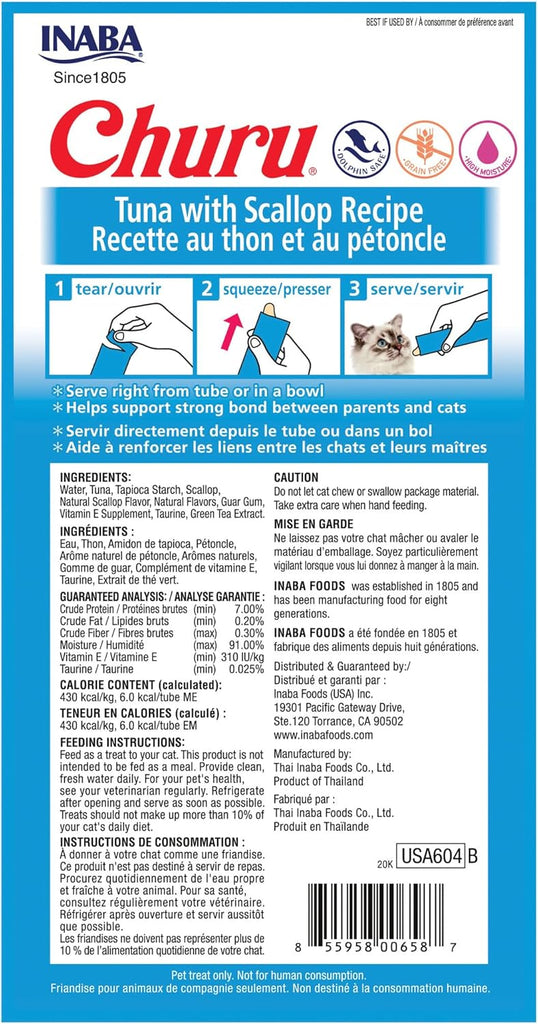 Churu Cat Treat Tube -Tuna Scallop : 0.5oz 4 pack - Dog.Dog.Cat.