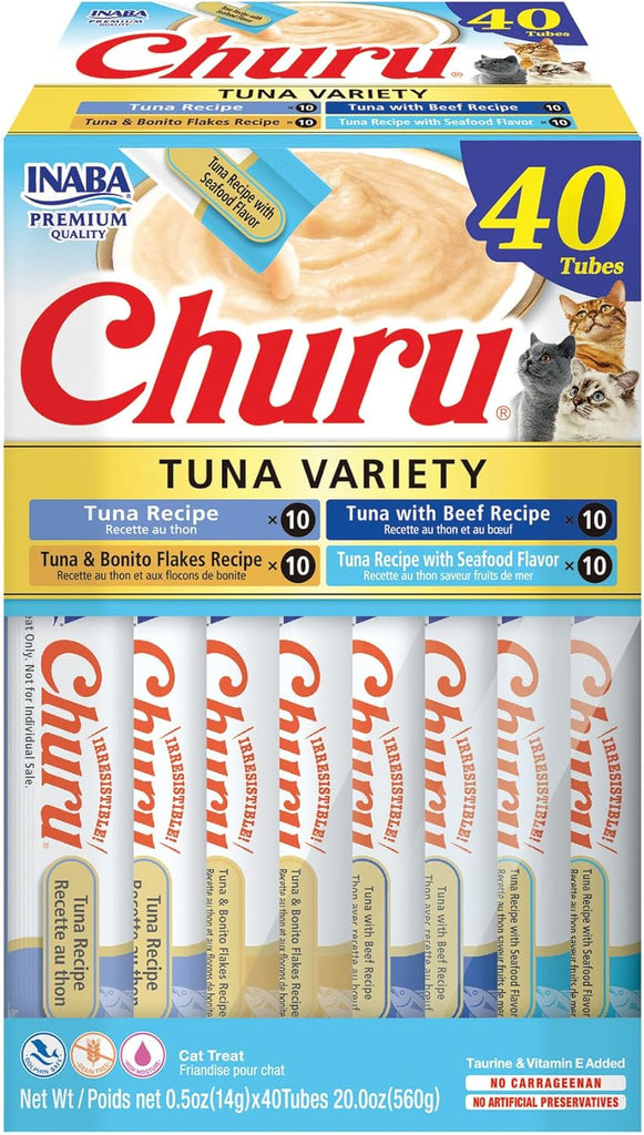 INABA Churu Cat Treats, Grain-Free, Lickable, Squeezable Creamy Purée Cat Treat/Topper with Vitamin E & Taurine, 0.5 Ounces Each Tube, 40 Tubes, Tuna Variety Box - Dog.Dog.Cat.