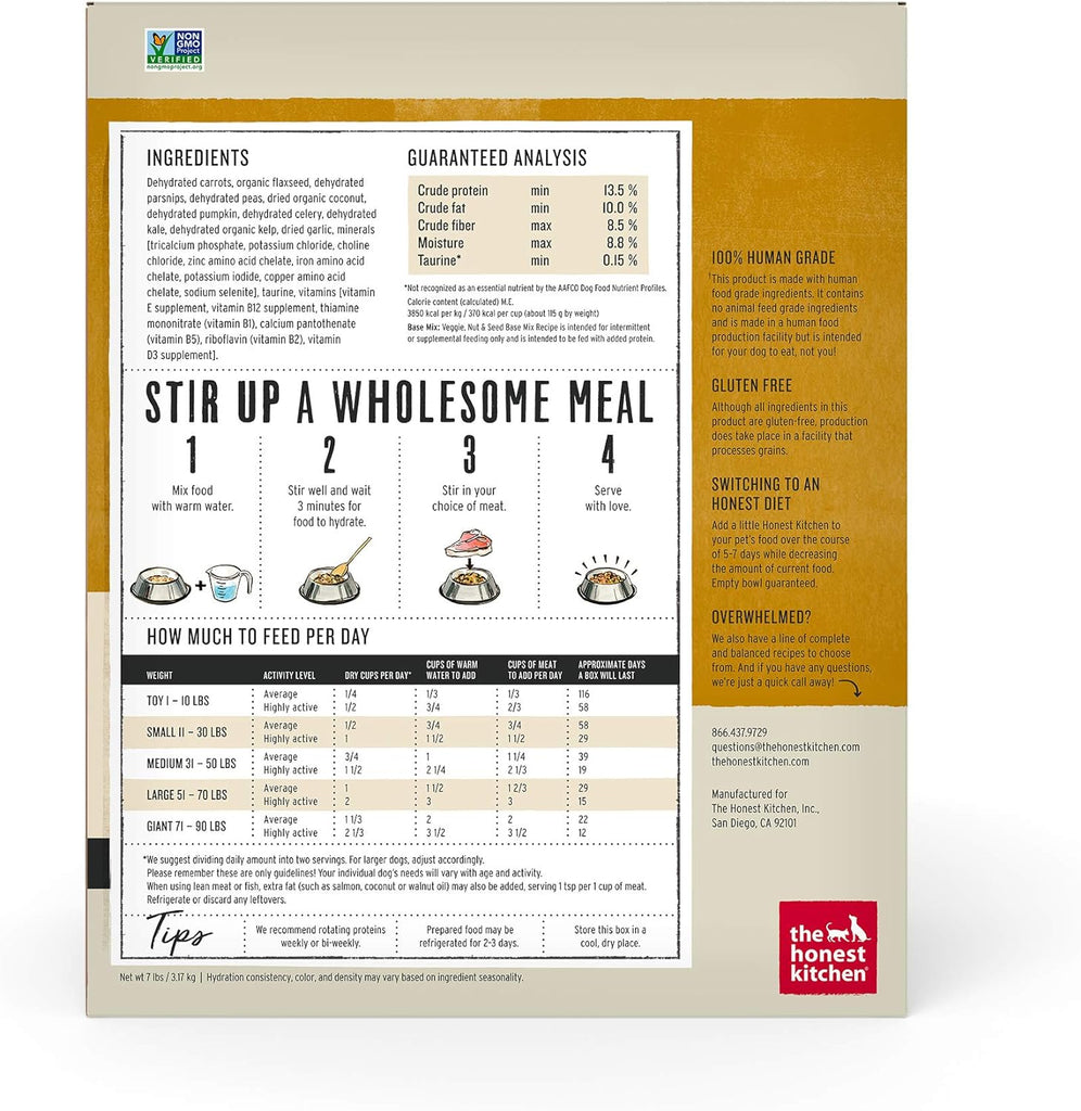 The Honest Kitchen Human Grade Dehydrated Grain Free Veggie, Nut & Seed Base Mix for Dogs - 7 Pound Box (Makes 29 Pounds) - Dog.Dog.Cat.