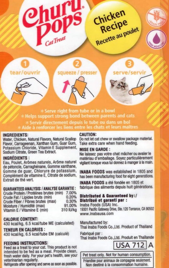 Churu Pops Cat Treat Tube-Chicken Recipe : 0.5oz 4 pack - Dog.Dog.Cat.