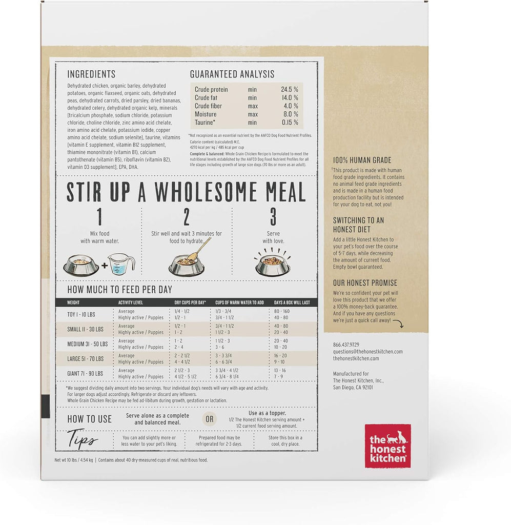 The Honest Kitchen Human Grade Dehydrated Whole Grain Dog Food – Complete Meal or Topper – Chicken 10 lb (makes 40 lbs) - Dog.Dog.Cat.