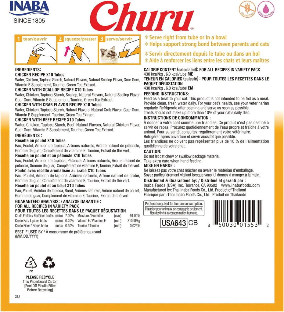 INABA Churu Cat Treats, Grain-Free, Lickable, Squeezable Creamy Purée Cat Treat/Topper with Vitamin E & Taurine, 0.5 Ounces Each Tube, 40 Tubes, Chicken Variety Box - Dog.Dog.Cat.