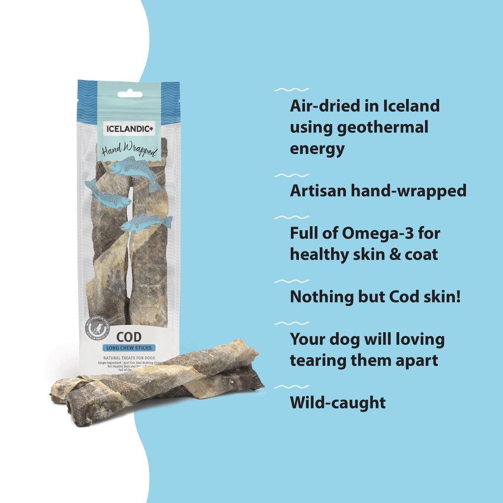 Icelandic+ Hand Wrapped Cod Skin Chew Sticks - 10" Long & 5" Short Assorted Packs - Dog.Dog.Cat.