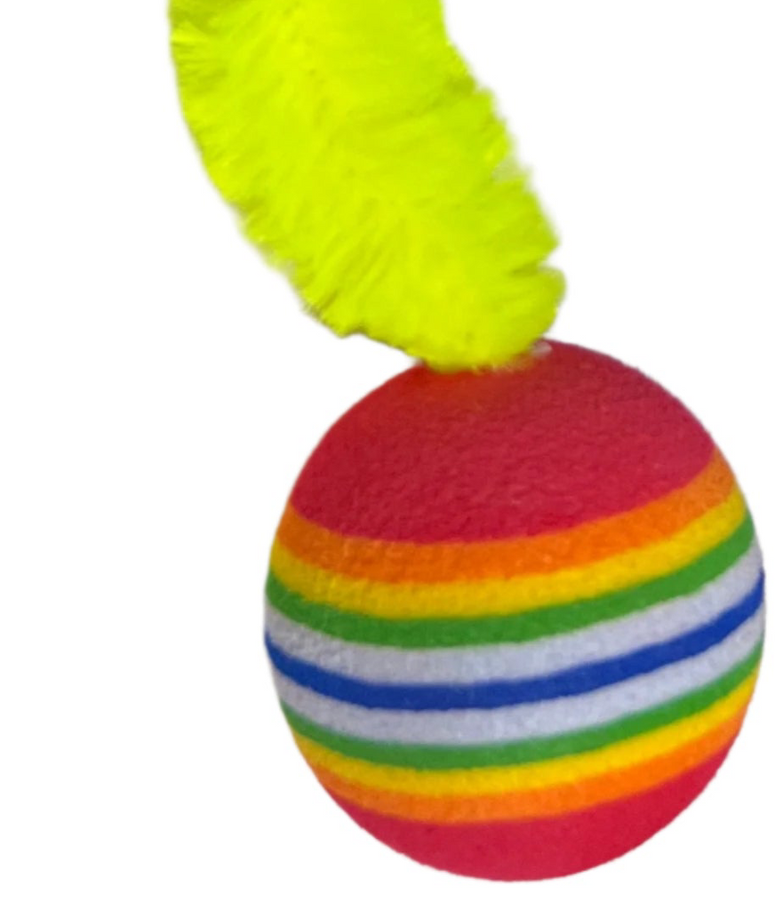 Striped Two Tone Rubber Ball with Caterpillar Style Tail attached Multi colored Striped Ball - Yellow, Pink, Orange, Green - Dog.Dog.Cat.