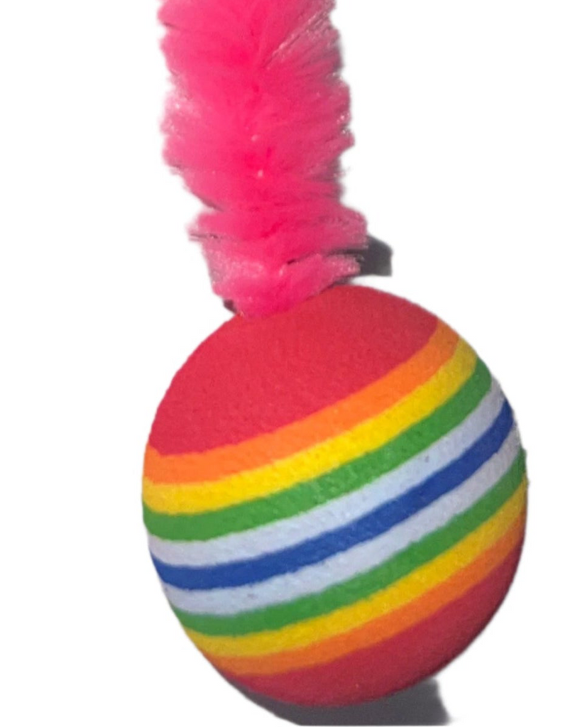 Striped Two Tone Rubber Ball with Caterpillar Style Tail attached Multi colored Striped Ball - Yellow, Pink, Orange, Green - Dog.Dog.Cat.