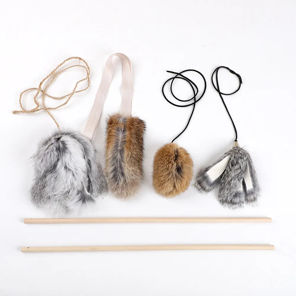 Rabbit Fur Cat Teaser on a Short Wood Stick with String - Dog.Dog.Cat.