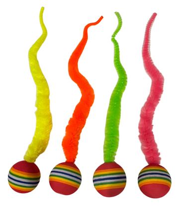 Striped Two Tone Rubber Ball with Caterpillar Style Tail attached Multi colored Striped Ball - Yellow, Pink, Orange, Green - Dog.Dog.Cat.
