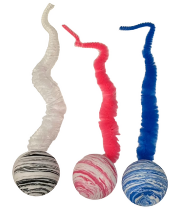 Striped Two Tone Rubber Ball with Caterpillar Style Tail attached - Black, Pink, or Blue - Dog.Dog.Cat.