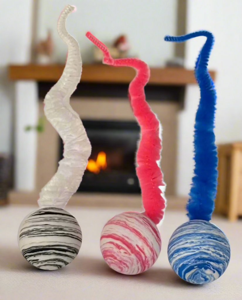 Striped Two Tone Rubber Ball with Caterpillar Style Tail attached - Black, Pink, or Blue - Dog.Dog.Cat.