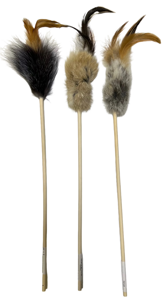 Rabbit Fur Wooden Wand Cat Toy Teaser with Feathers (No String) - Dog.Dog.Cat.