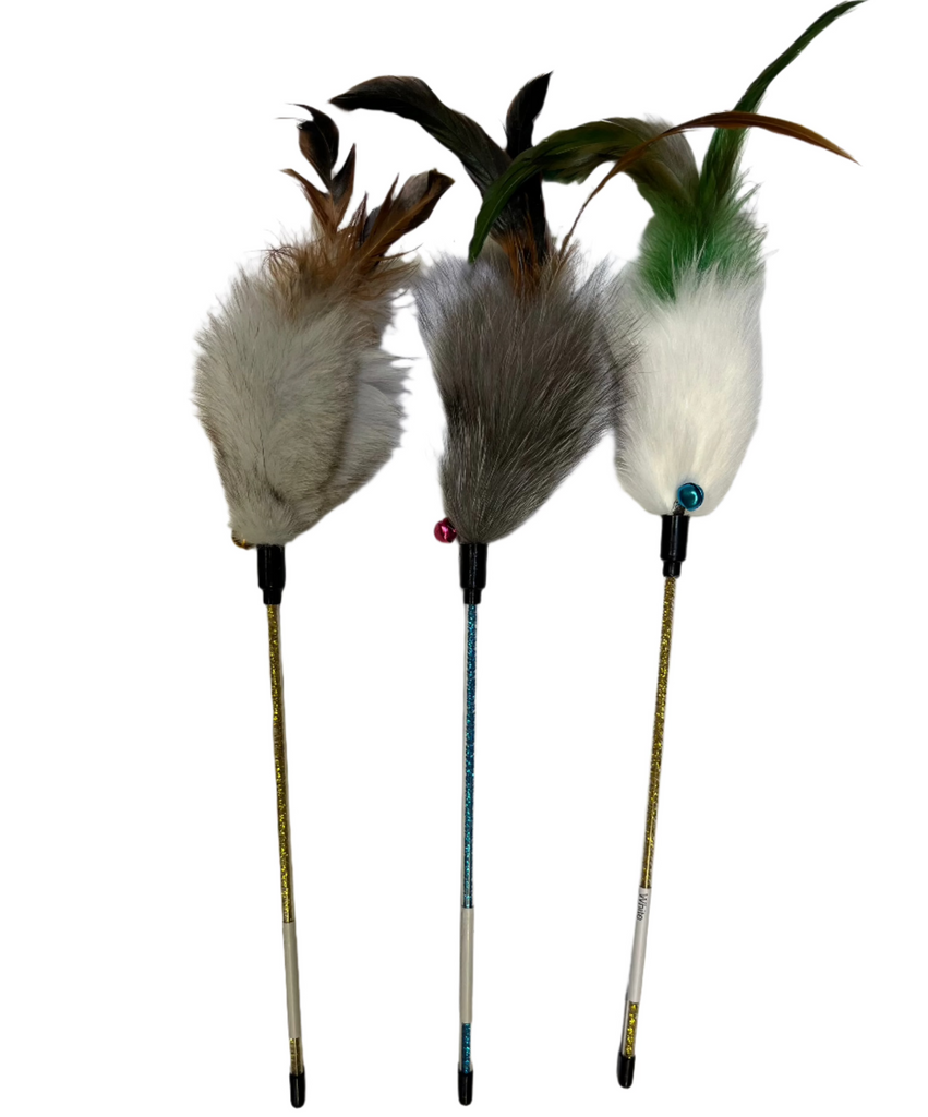 Rabbit Fur Glitter filled Wand Cat Toy Teaser with Bell (No String) - Dog.Dog.Cat.