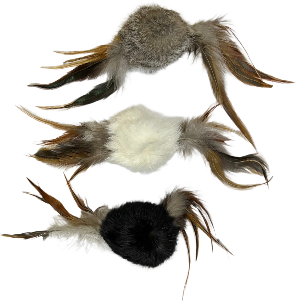 Rabbit Fur Cat Toys -  "Double Trouble" Ball of real Fur Shaped with Real Feathers from both ends. - Dog.Dog.Cat.