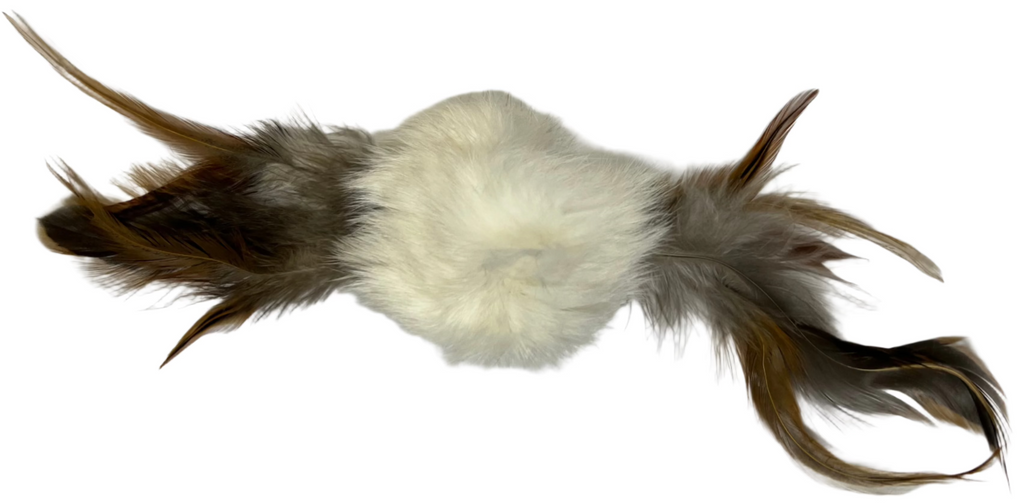 Rabbit Fur Cat toy with feathers on both sizes, real fur, not synthetic
