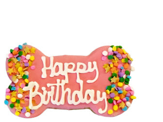 Three colorful bone-shaped birthday signs with 'Happy Birthday' text on a white background.