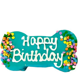 Three colorful bone-shaped birthday signs with 'Happy Birthday' text on a white background.