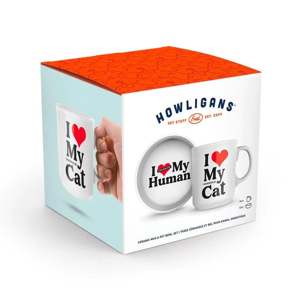 Fred & Friends - Howligans - Mug + Cat Bowl - Heart Cat - Dog.Dog.Cat.