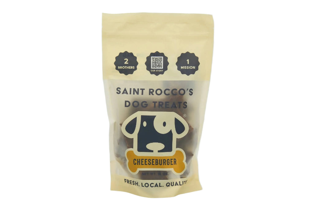 Saint Rocco's Dog Treats package for cheeseburger flavor on a light gray background