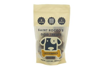 Saint Rocco's Dog Treats package for cheeseburger flavor on a light gray background