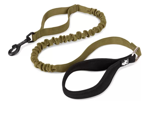 Army Green bungee dog leash with soft  Neoprene Handle and traffic leash loop