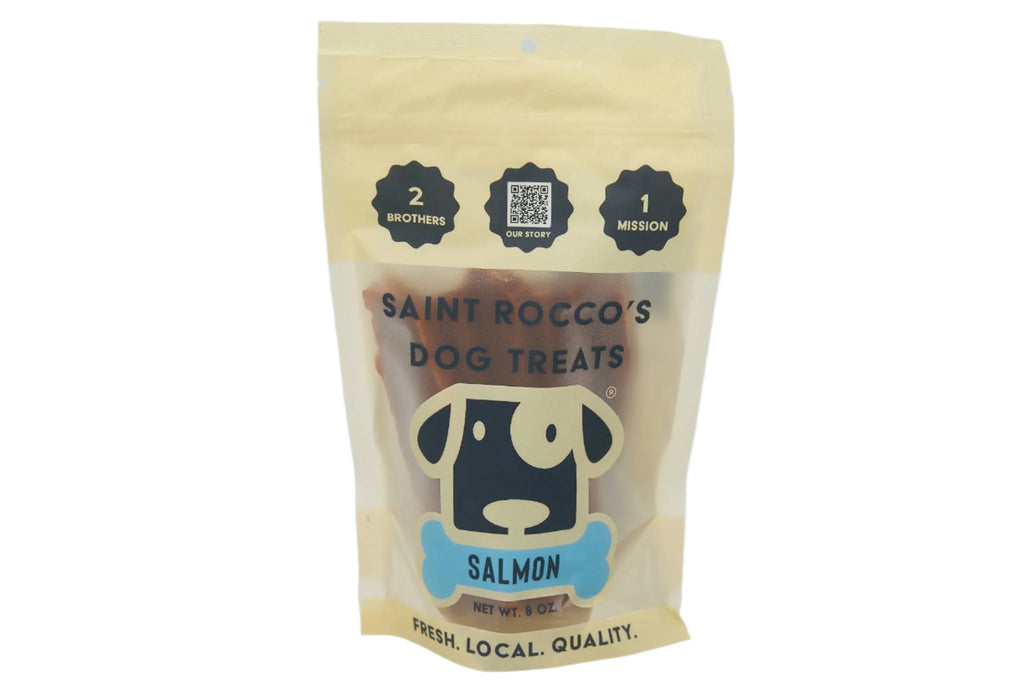Saint Rocco's Dog Treats package with salmon flavor on a white background