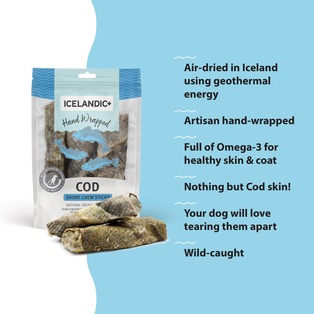 Icelandic+ Hand Wrapped Cod Skin Chew Sticks - 10" Long & 5" Short Assorted Packs - Dog.Dog.Cat.