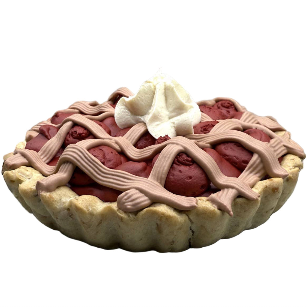 Model of a strawberry pie with lattice crust on a gray background