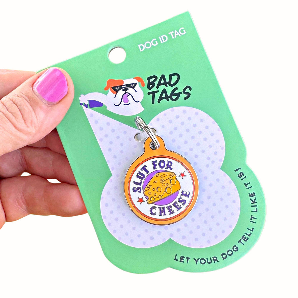 Funny Dog ID Tag with Personalized QR Code - Slut for Cheese - Dog.Dog.Cat.