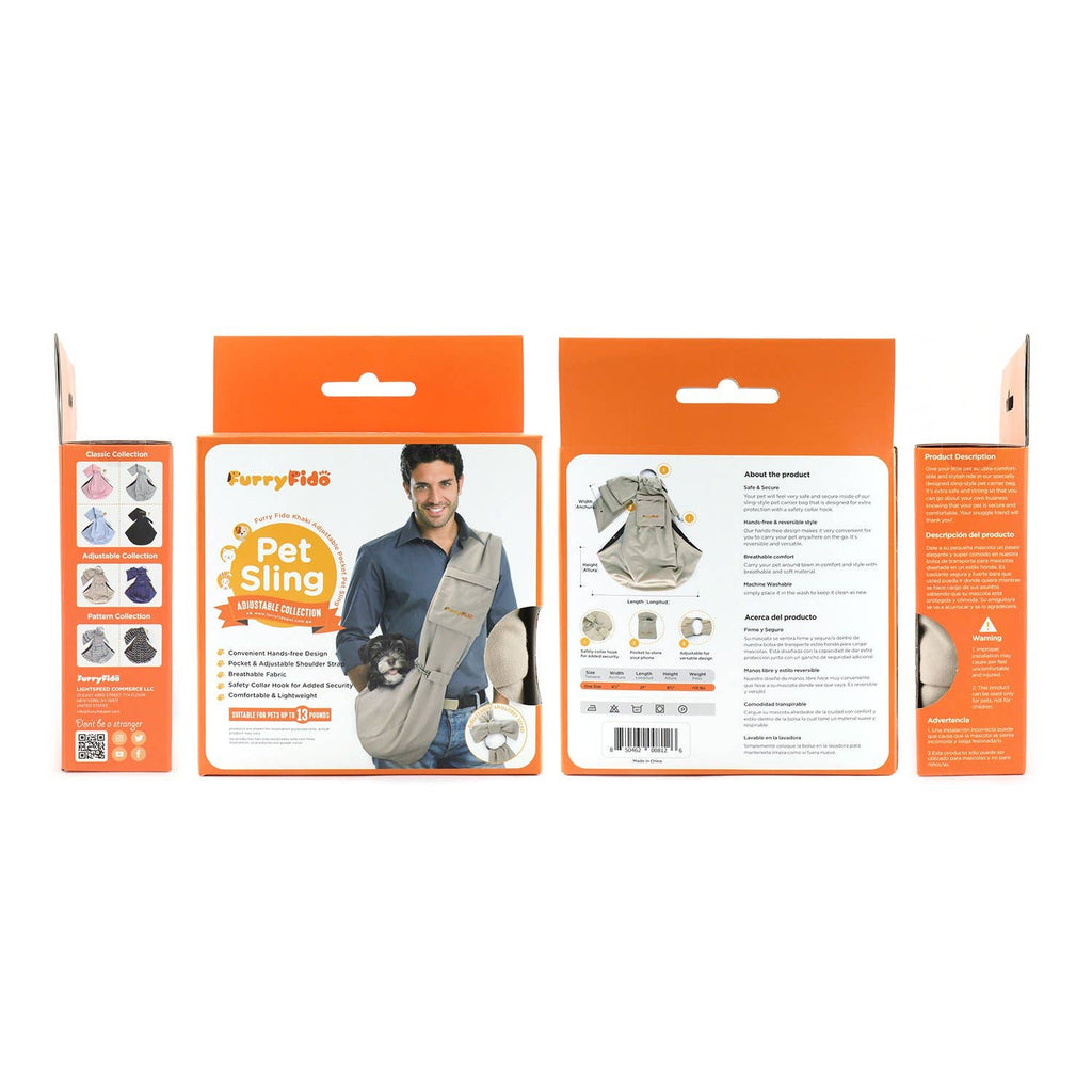 Furry Fido Pet Supplies - Furry Fido Khaki Adjustable Pocket Pet Sling - Dog.Dog.Cat.