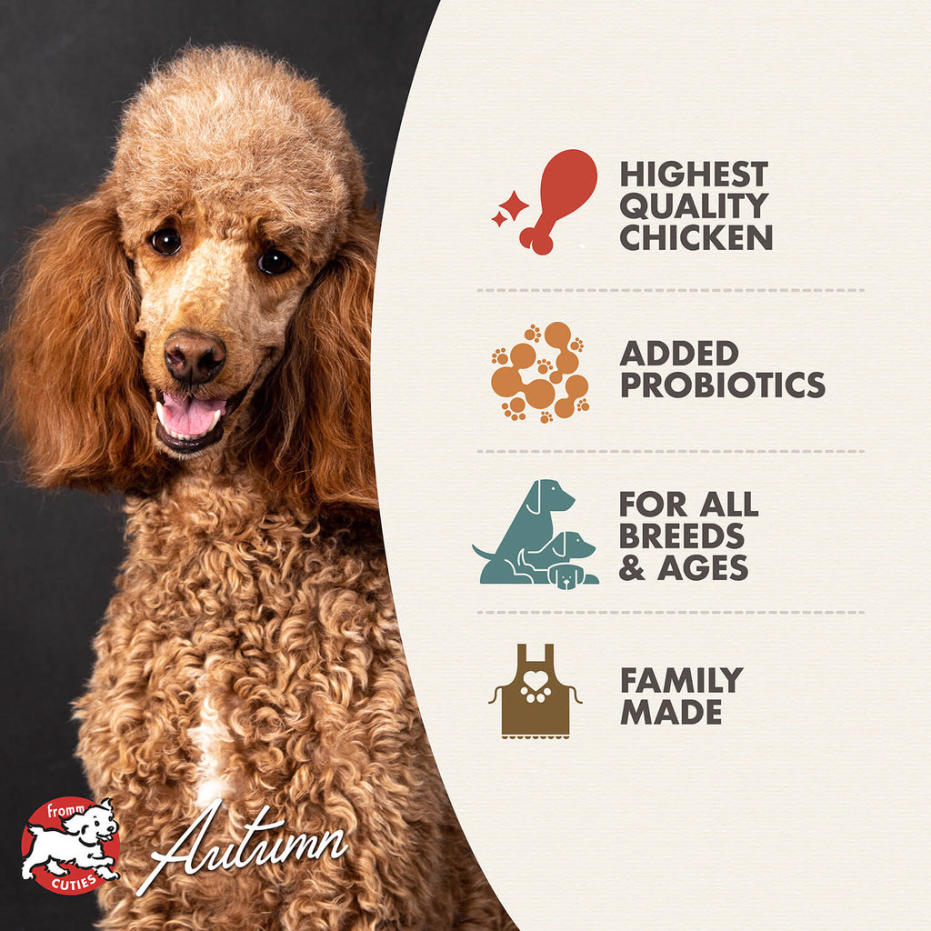 Fromm Dry Dog Food Chicken au Frommage Recipe A French-inspired entrée with chicken, cheese, and an assortment of fruits & vegetables - Dog.Dog.Cat.