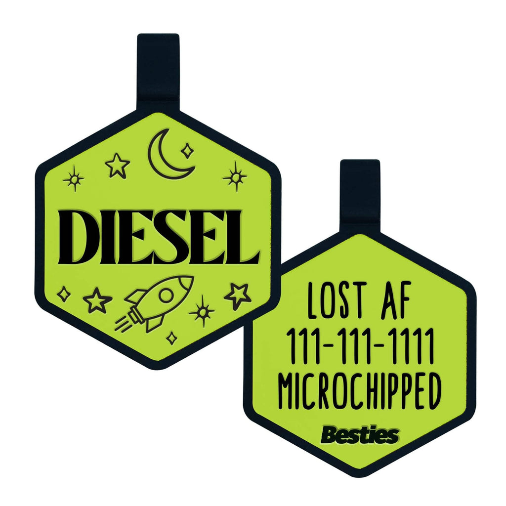 Besties Pets - Space Cadet Silicone Dog ID Tag: Chartreuse - Dog.Dog.Cat.