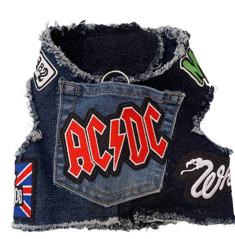 Heads or Tails Pup - Upcycled Denim Rocker Harness- AC/DC