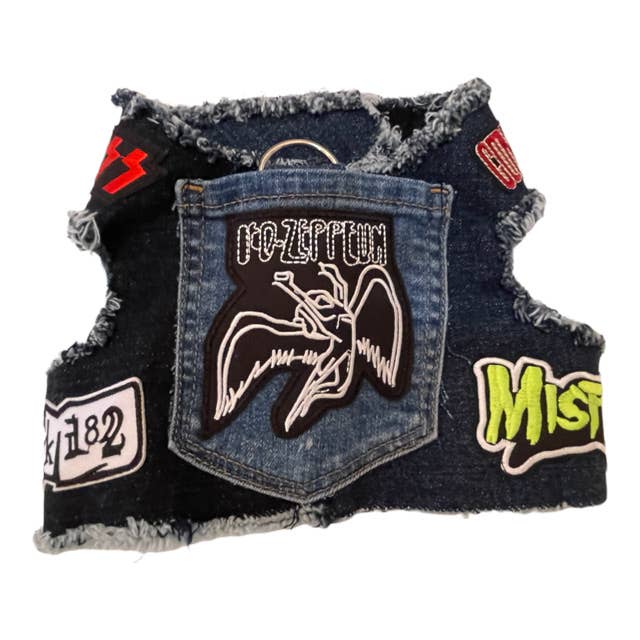 Heads or Tails Pup - Upcycled Denim Rocker Harness- LED ZEPPELIN